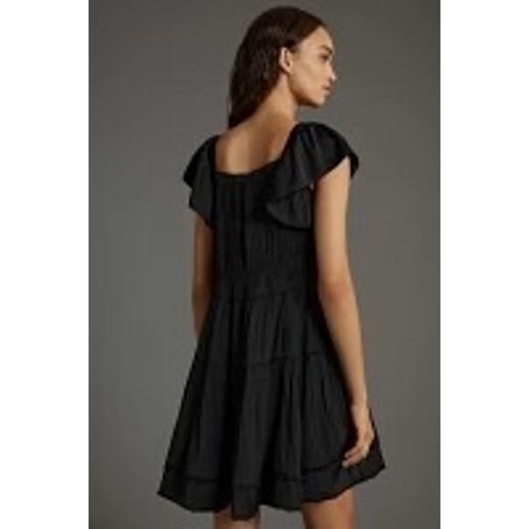 Anthropologie NWT Black Flutter Sleeve Square Neck Smocked Mini Dress Size M - Picture 2 of 12